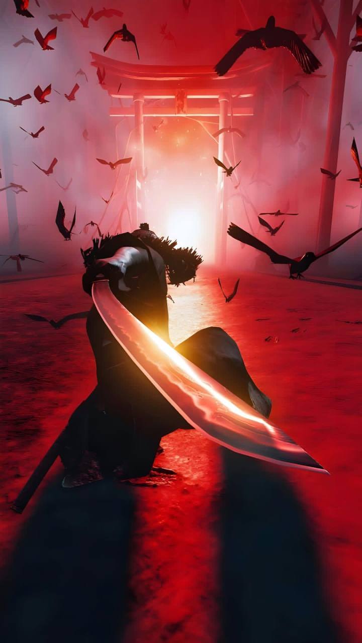 Samurai with a glowing blade before a crimson shrine and circling ravens