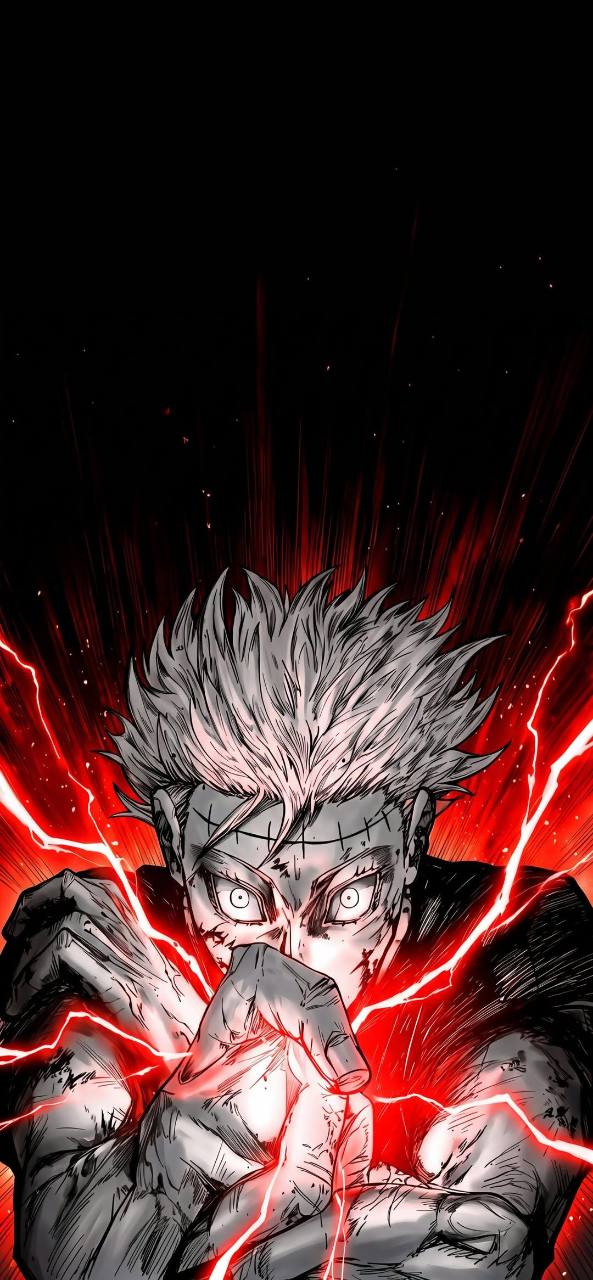 White-haired warrior surrounded by scarlet lightning